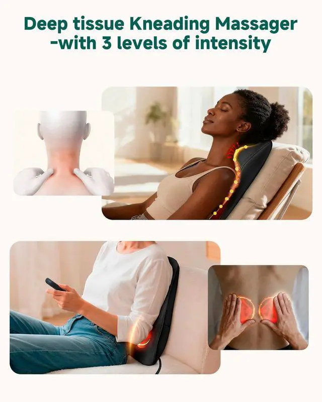 Alt view image 3 of 7 - Shiatsu Back Massager with Heat, Neck Shoulder Massager for Pain Relief Deep Tissue, 4D Kneading Back Massage Pillow, 3 Speed/3 Modes Portable for Home Office Car Use