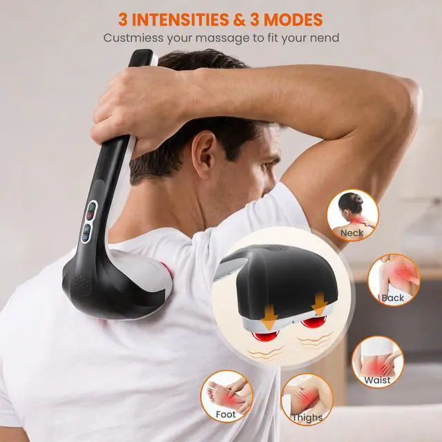 Alt view image 2 of 7 - Cordless Handheld Back Massager with Heat, Deep Tissue Percussion Massager, 3 Sets of Dual Pivoting Heads,Rechargeable Hand Held Massager for Neck,Back Shoulder,Calf,Legs