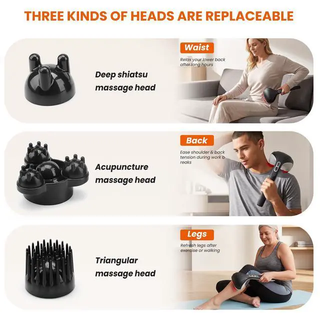 Alt view image 4 of 7 - Cordless Handheld Back Massager with Heat, Deep Tissue Percussion Massager, 3 Sets of Dual Pivoting Heads,Rechargeable Hand Held Massager for Neck,Back Shoulder,Calf,Legs