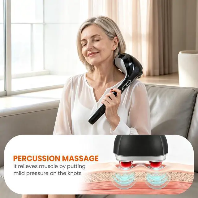 Alt view image 3 of 7 - Cordless Handheld Back Massager with Heat, Deep Tissue Percussion Massager, 3 Sets of Dual Pivoting Heads,Rechargeable Hand Held Massager for Neck,Back Shoulder,Calf,Legs