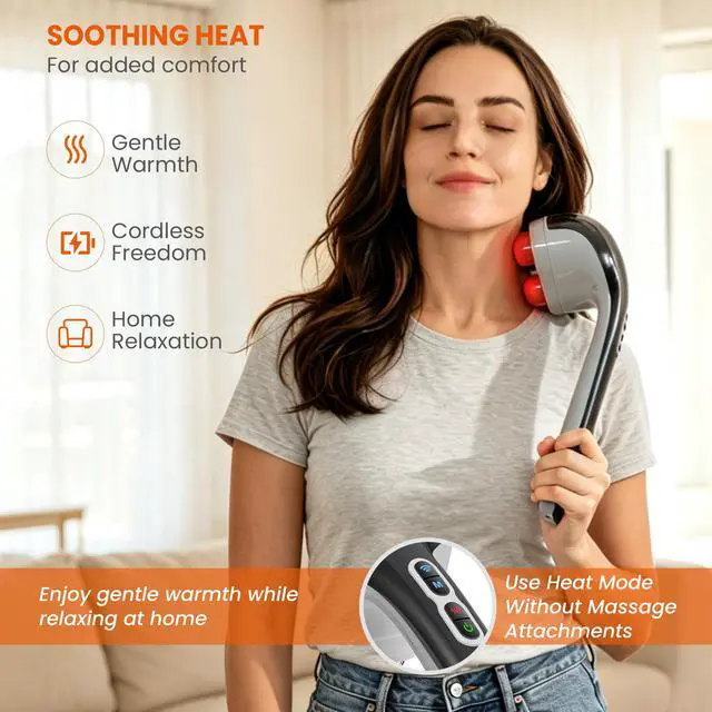 Alt view image 5 of 7 - Cordless Handheld Back Massager with Heat, Deep Tissue Percussion Massager, 3 Sets of Dual Pivoting Heads,Rechargeable Hand Held Massager for Neck,Back Shoulder,Calf,Legs