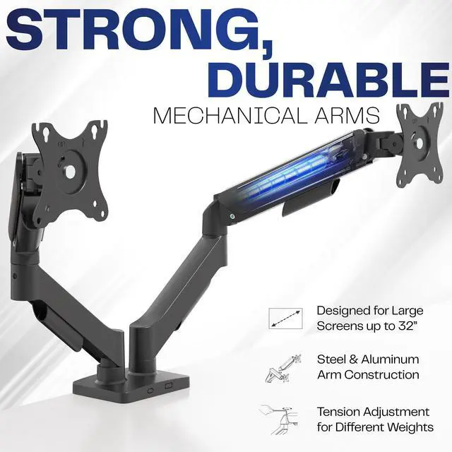 Alt view image 3 of 7 - Dual Monitor Stand, Fully Adjustable Arms for 17 to 32 inch Screens, Mechanical Articulating Desk Mount, Gaming and Office Setups, VESA 75x75, 100x100, Max 19.8 lbs, Classic, Black, STAND-V002O