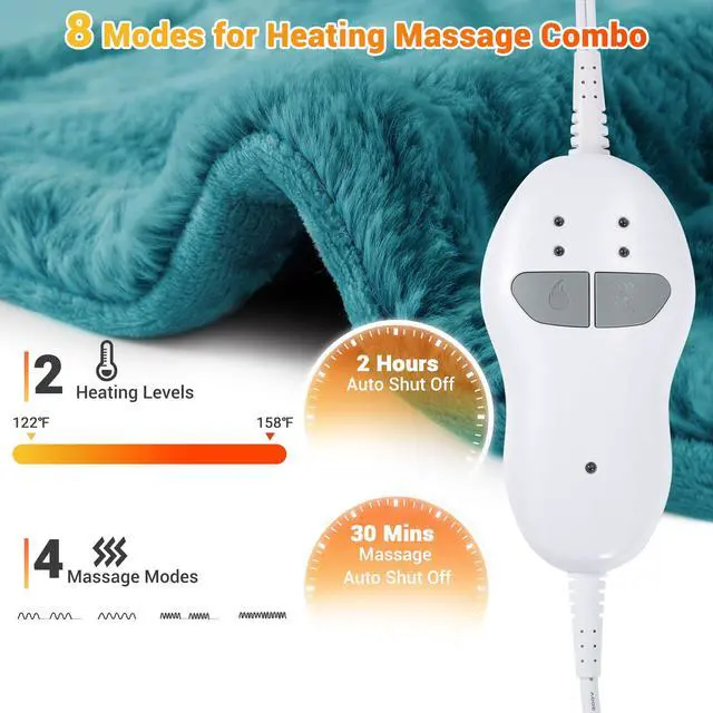 Alt view image 3 of 7 - Electric Heating Pad for Neck and Shoulders and Back, 24" x 35" Large Heated Blanketwith 2 Heat Levels, 4 Massage Settings, 4 Massage Motors, Auto Shut-Off, Green