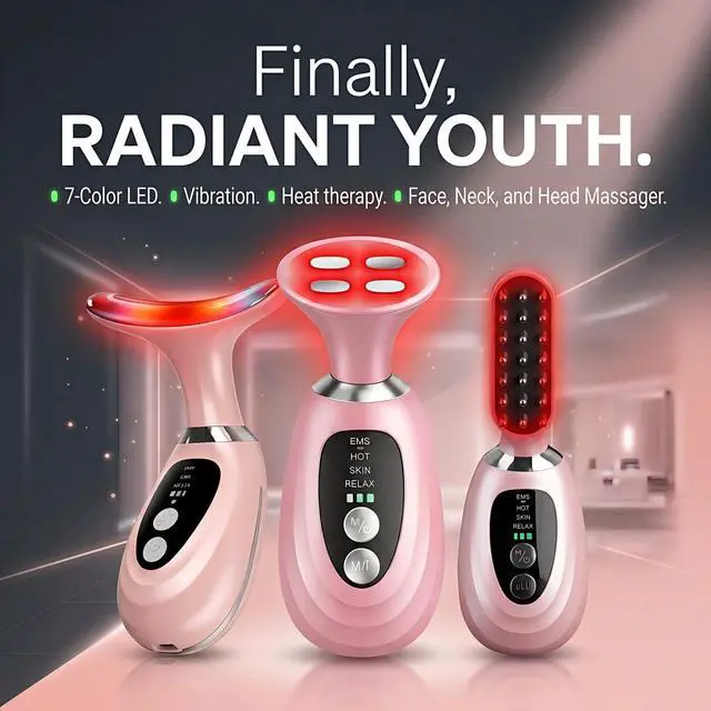 Alt view image 2 of 7 - 3-in-1 Facial Massager for Face Neck and Scalp,7-Color LED Light Heating and Vibration,3 Interchangeable Massage Heads,Rechargeable Face and Neck Massager,Skin Care Beauty Gift for Women Men