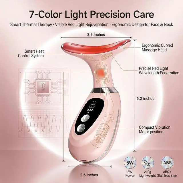 Alt view image 3 of 7 - 3-in-1 Facial Massager for Face Neck and Scalp,7-Color LED Light Heating and Vibration,3 Interchangeable Massage Heads,Rechargeable Face and Neck Massager,Skin Care Beauty Gift for Women Men