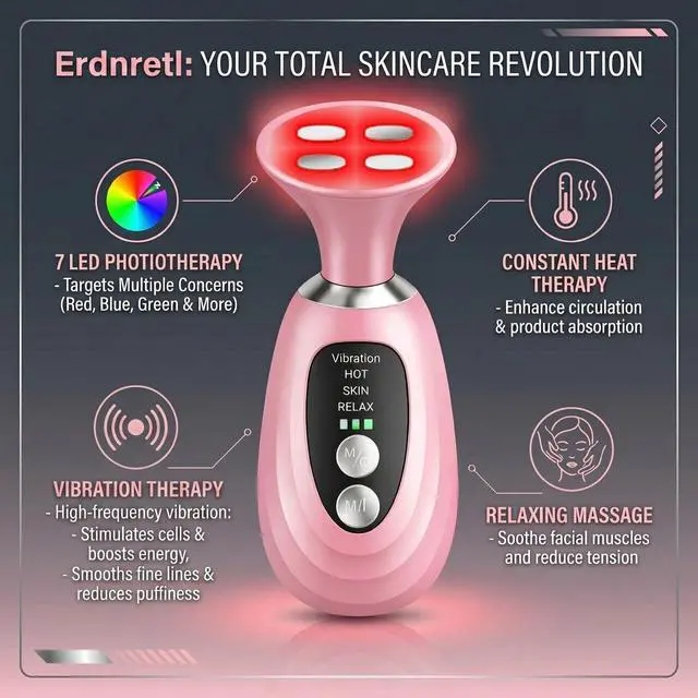 Alt view image 5 of 7 - 3-in-1 Facial Massager for Face Neck and Scalp,7-Color LED Light Heating and Vibration,3 Interchangeable Massage Heads,Rechargeable Face and Neck Massager,Skin Care Beauty Gift for Women Men