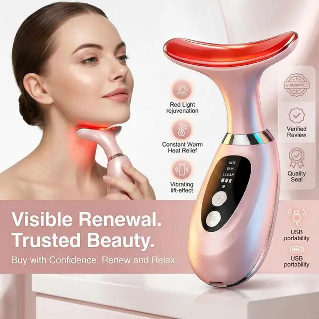 Alt view image 7 of 7 - 3-in-1 Facial Massager for Face Neck and Scalp,7-Color LED Light Heating and Vibration,3 Interchangeable Massage Heads,Rechargeable Face and Neck Massager,Skin Care Beauty Gift for Women Men