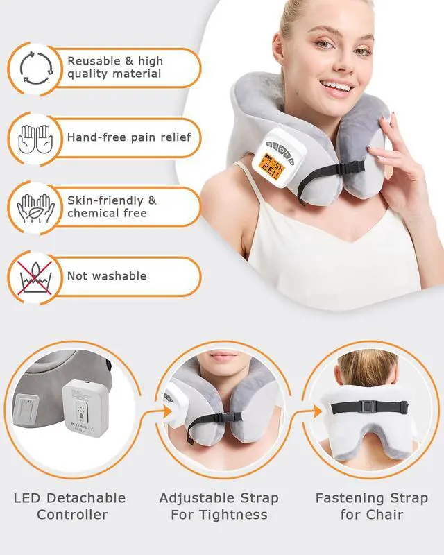 Alt view image 2 of 7 - Rechargeable Heated Neck Pillow with Massage, 5000mAh Cordless Neck Heating Pad for Neck Pain, 3-Level Vibration Massage, 104-140 Adjustable Temp, 30/45/60Mins Timer, Type-C Cable & Storage Bag