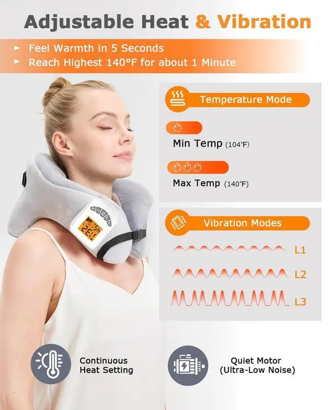 Alt view image 3 of 7 - Rechargeable Heated Neck Pillow with Massage, 5000mAh Cordless Neck Heating Pad for Neck Pain, 3-Level Vibration Massage, 104-140 Adjustable Temp, 30/45/60Mins Timer, Type-C Cable & Storage Bag