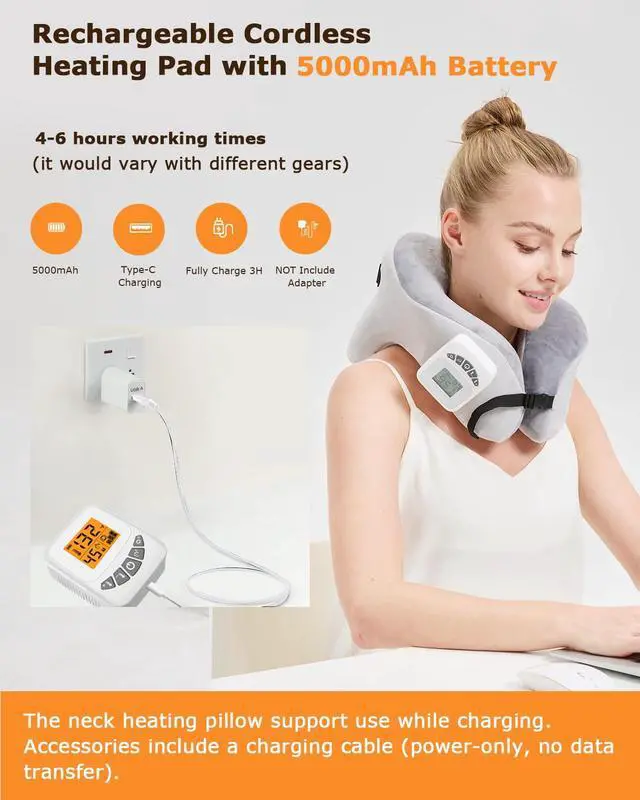 Alt view image 7 of 7 - Rechargeable Heated Neck Pillow with Massage, 5000mAh Cordless Neck Heating Pad for Neck Pain, 3-Level Vibration Massage, 104-140 Adjustable Temp, 30/45/60Mins Timer, Type-C Cable & Storage Bag