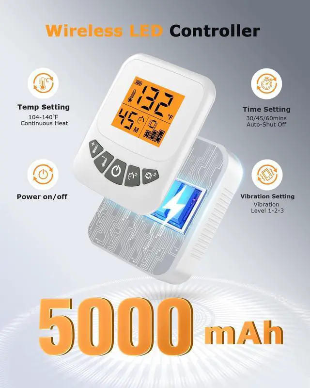 Alt view image 6 of 7 - Rechargeable Heated Neck Pillow with Massage, 5000mAh Cordless Neck Heating Pad for Neck Pain, 3-Level Vibration Massage, 104-140 Adjustable Temp, 30/45/60Mins Timer, Type-C Cable & Storage Bag