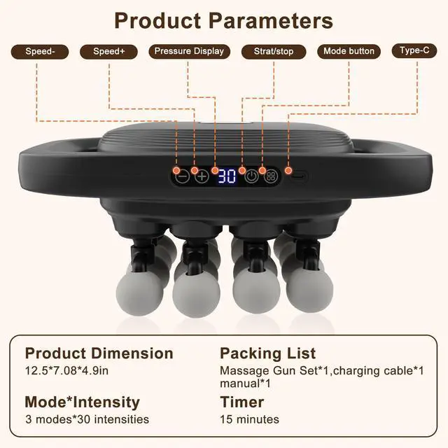 Alt view image 5 of 7 - 16 Head Massage Gun Set, Deep Tissue Percussion Massager with 3 Modes & 30 Intensities, Portable Quiet Handheld Massager for Legs, Waist, Back, Neck, Buttocks Muscles Fatigue Relief
