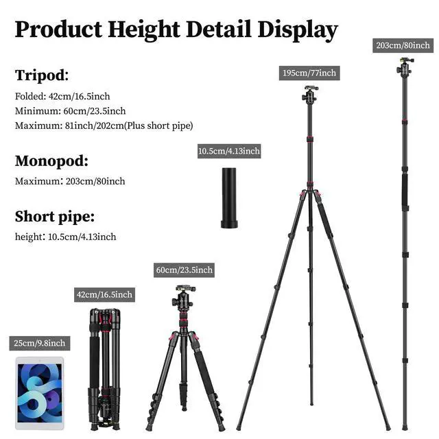 Alt view image 2 of 7 - 81" Professional Tripod for Camera & Phone -Tall, Aluminium Travel Tripod