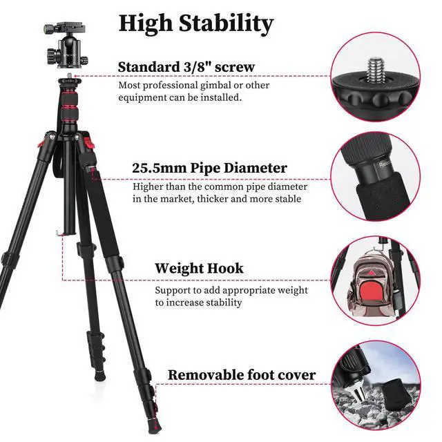 Alt view image 7 of 7 - 81" Professional Tripod for Camera & Phone -Tall, Aluminium Travel Tripod