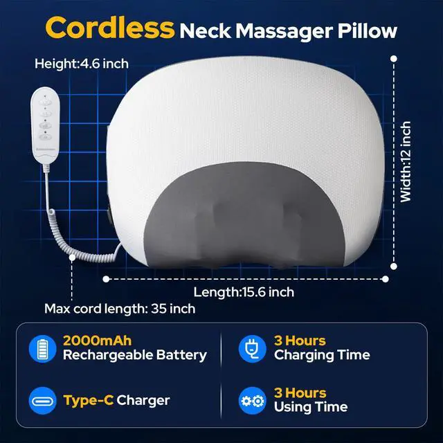 Alt view image 5 of 7 - Upgraded 3-in-1 Cordless Neck Massager Pillow with Heat, Rolling Shiatsu