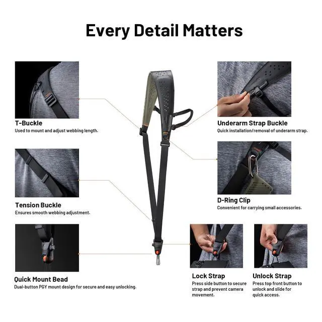 Alt view image 3 of 7 - Camera Strap Pro, Heavy Duty Single Camera Harness w Underarm Strap
