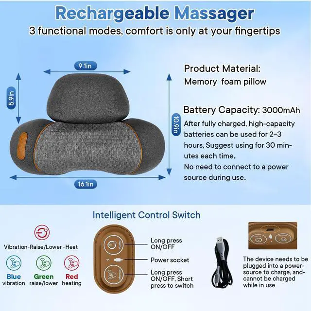 Alt view image 5 of 7 - Upgraded Cordless Heated Neck Massager Pillow for Pain Relief Deep Tissue, 3-in-1 Rechargeable Neck Cervical Traction Device with Heat, Massage, Electric Stretch, Ergonomic Shoulder Relaxer