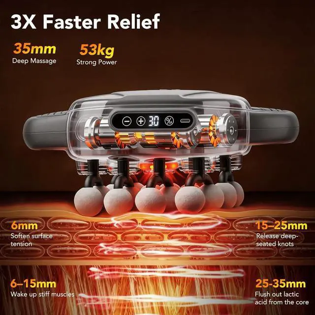 Alt view image 2 of 7 - 16-Head Massage Gun, Deep Tissue Percussion Massager with 3 Modes & 30 Intensities, 3200mAh Battery Back Massager for Pain Relief, Quiet Handheld Massager (Dark Gray)