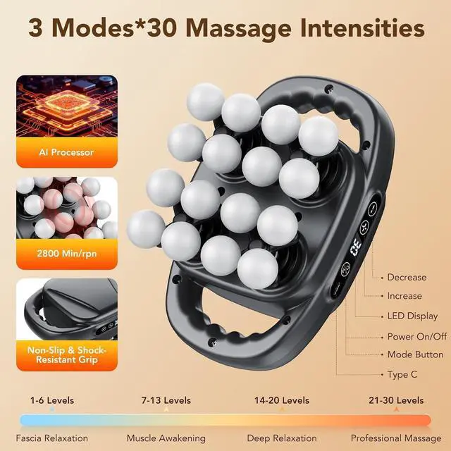 Alt view image 3 of 7 - 16-Head Massage Gun, Deep Tissue Percussion Massager with 3 Modes & 30 Intensities, 3200mAh Battery Back Massager for Pain Relief, Quiet Handheld Massager (Dark Gray)