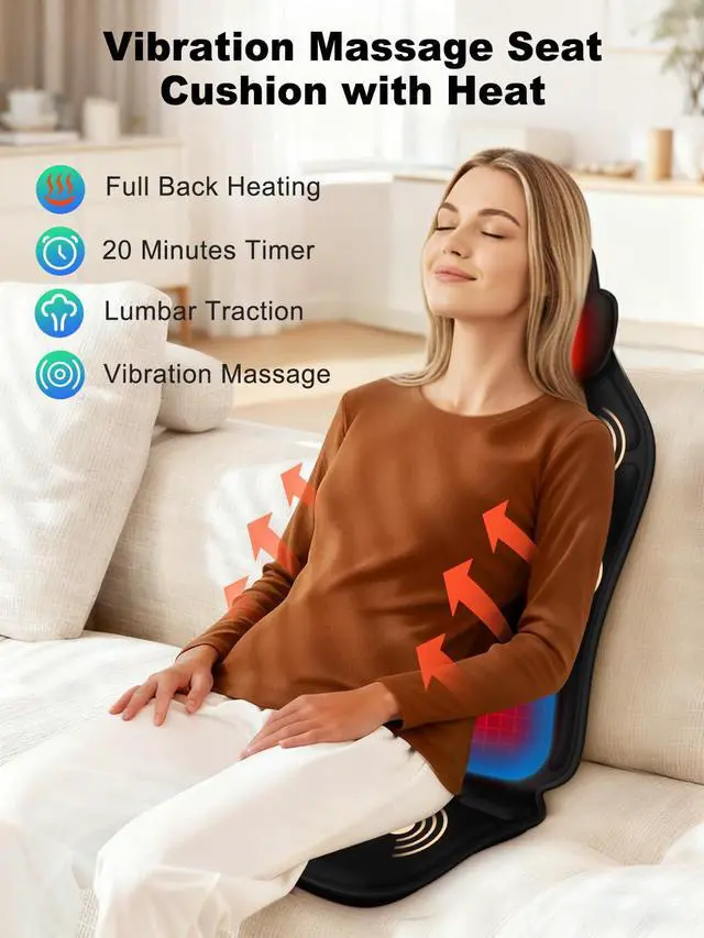 Alt view image 2 of 7 - Vibration Massage Seat Cushion with Heat, Full Back & Neck Massager for Chair, 8 Motors Massage Pad with Adjustable Lumbar Support, Heated Chair Cushion for Office Home Recliner
