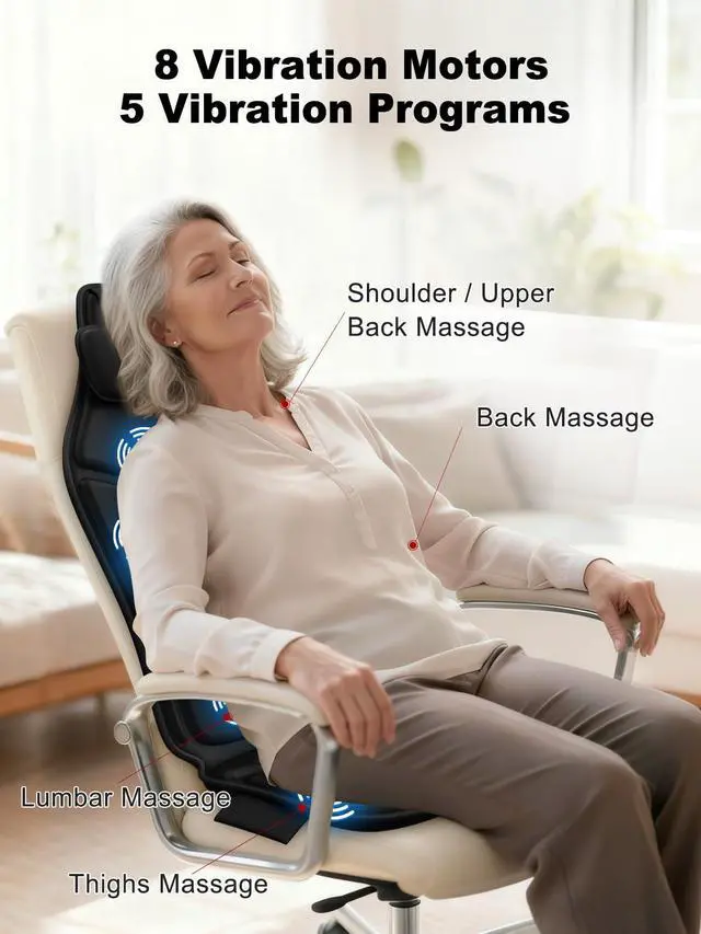 Alt view image 5 of 7 - Vibration Massage Seat Cushion with Heat, Full Back & Neck Massager for Chair, 8 Motors Massage Pad with Adjustable Lumbar Support, Heated Chair Cushion for Office Home Recliner