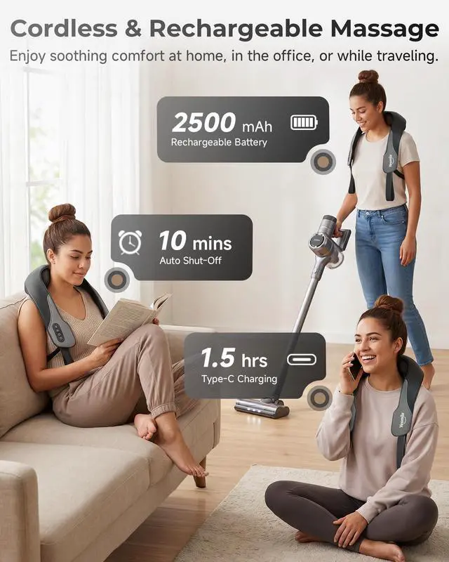 Alt view image 4 of 7 - Neck and Shoulder Massager with Heat, Cordless Shiatsu Deep Kneading Neck and Shoulder Massager, Rechargeable Electric Back Massager, Gift for Dad Mom Women Men