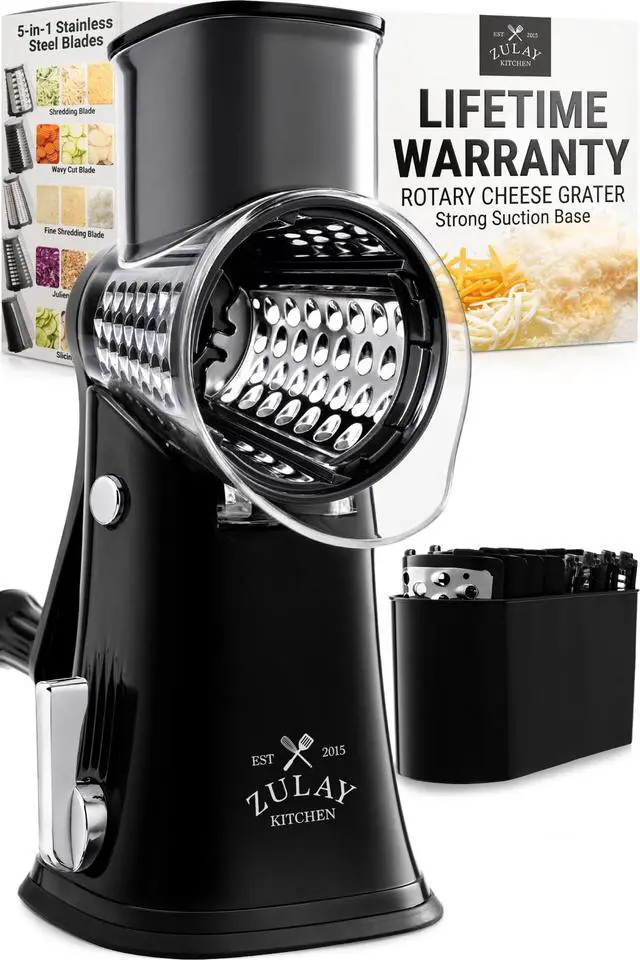 Main image of Rotary Cheese Grater 5 Blade Cheese Shredder - Manual Hand Crank Cheese Grater With Reinforced Suction & 5 Interchangeable Drums - Easy to Use, Vegetable Chopper Round Mandoline Slicer