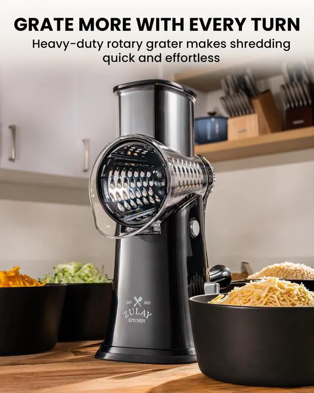 Alt view image 2 of 7 - Rotary Cheese Grater 5 Blade Cheese Shredder - Manual Hand Crank Cheese Grater With Reinforced Suction & 5 Interchangeable Drums - Easy to Use, Vegetable Chopper Round Mandoline Slicer