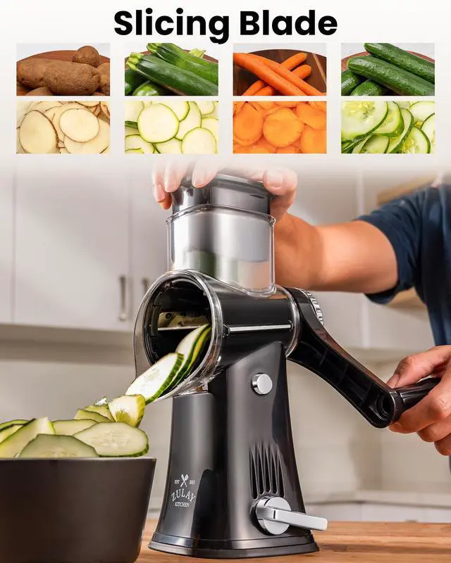 Alt view image 5 of 7 - Rotary Cheese Grater 5 Blade Cheese Shredder - Manual Hand Crank Cheese Grater With Reinforced Suction & 5 Interchangeable Drums - Easy to Use, Vegetable Chopper Round Mandoline Slicer