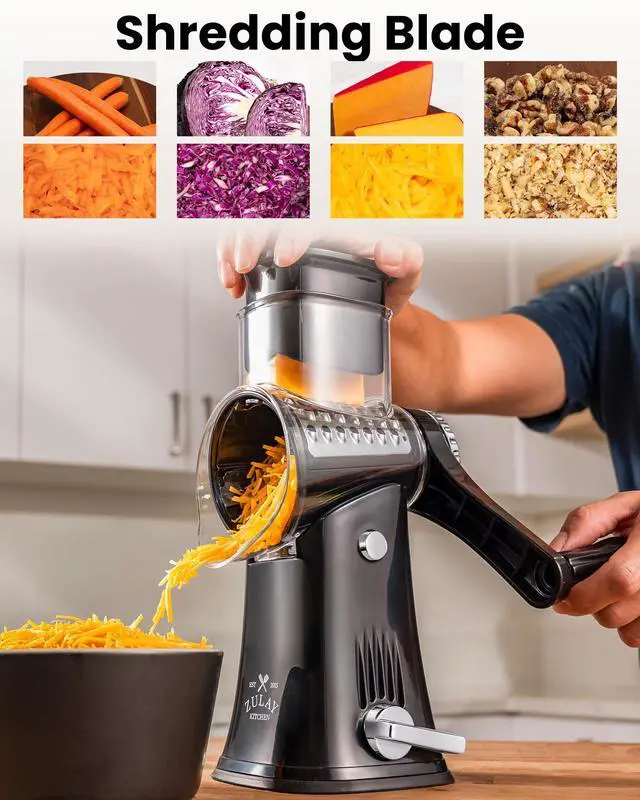 Alt view image 4 of 7 - Rotary Cheese Grater 5 Blade Cheese Shredder - Manual Hand Crank Cheese Grater With Reinforced Suction & 5 Interchangeable Drums - Easy to Use, Vegetable Chopper Round Mandoline Slicer