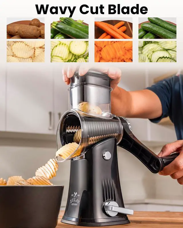 Alt view image 6 of 7 - Rotary Cheese Grater 5 Blade Cheese Shredder - Manual Hand Crank Cheese Grater With Reinforced Suction & 5 Interchangeable Drums - Easy to Use, Vegetable Chopper Round Mandoline Slicer
