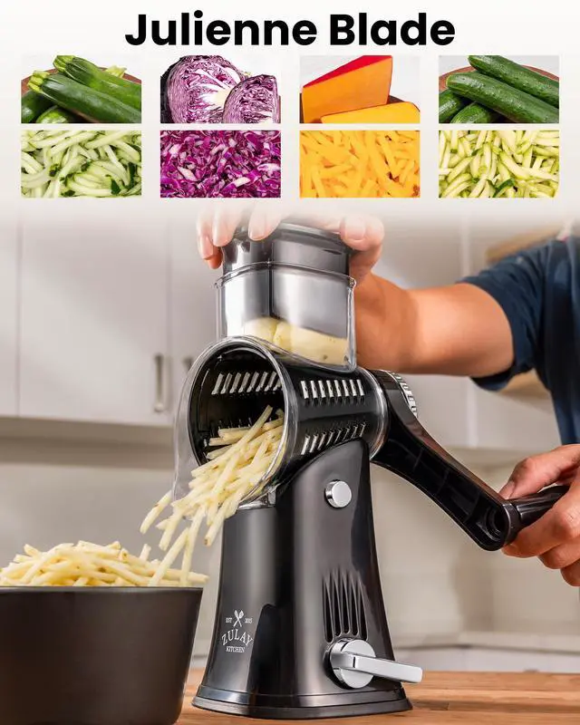 Alt view image 7 of 7 - Rotary Cheese Grater 5 Blade Cheese Shredder - Manual Hand Crank Cheese Grater With Reinforced Suction & 5 Interchangeable Drums - Easy to Use, Vegetable Chopper Round Mandoline Slicer