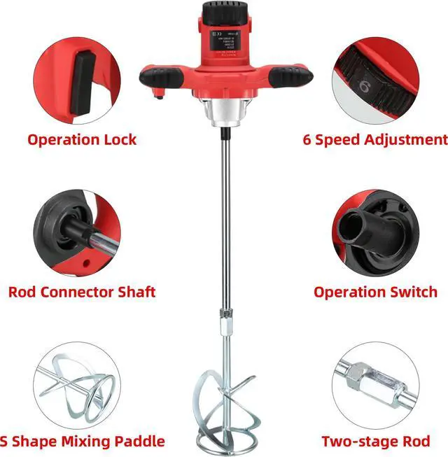 Alt view image 4 of 7 - Cement Mixer 2300W, Handheld Electric Concrete Mixer with 6 Adjustable Speed, 110V Portable Mud Mixer Paint Mixer for Motar Grout Plaster Thinset Fodder Stirring Tool