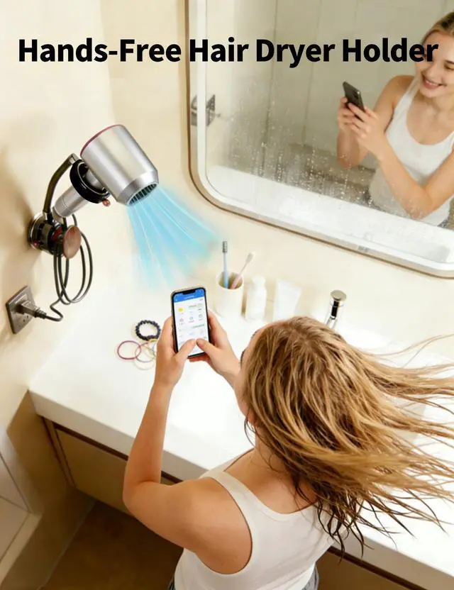 Alt view image 2 of 7 - Hands-Free Suction Cup Hair Dryer Holder Wall Mount No Drill Installation, 360° Flexible , Fits Most Hair Dryers, PC & Cord Management, Bathroom Organizer for Home & Hotel, Gift for Women/Mom