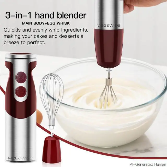Alt view image 3 of 7 - Immersion Hand Blender 3-in-1, 12-Speed Stick Blender with Turbo, Egg Whisk & Milk Frother for Soups, Sauces, Smoothies and Baby Food, Red