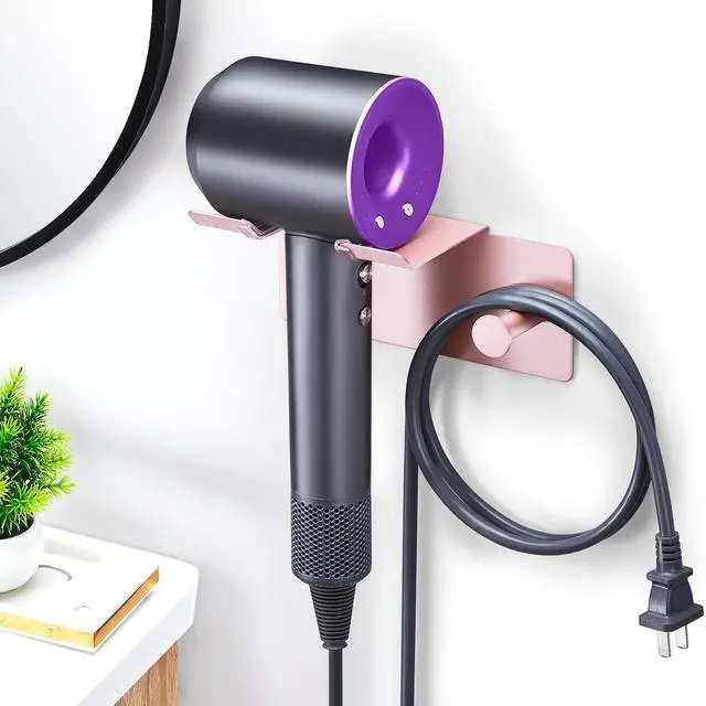 Alt view image 2 of 7 - Hair Dryer Holder Wall Mount, Blow Dryer Holder for Wall, Adhesive Hairdryer Holders, Stainless Steel Blowdryer Holders Bathroom Hair Tool Organizer Hair Dryer Hanger Hook with Cord Storage(Rose Gold)