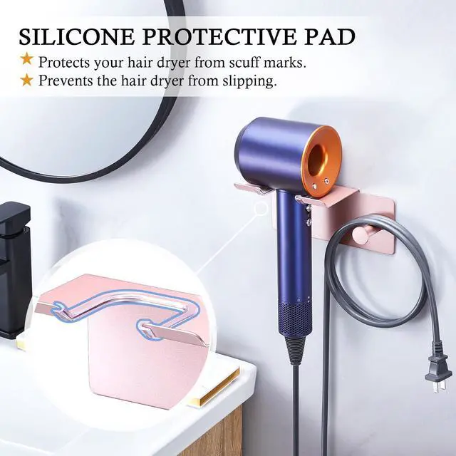 Alt view image 4 of 7 - Hair Dryer Holder Wall Mount, Blow Dryer Holder for Wall, Adhesive Hairdryer Holders, Stainless Steel Blowdryer Holders Bathroom Hair Tool Organizer Hair Dryer Hanger Hook with Cord Storage(Rose Gold)