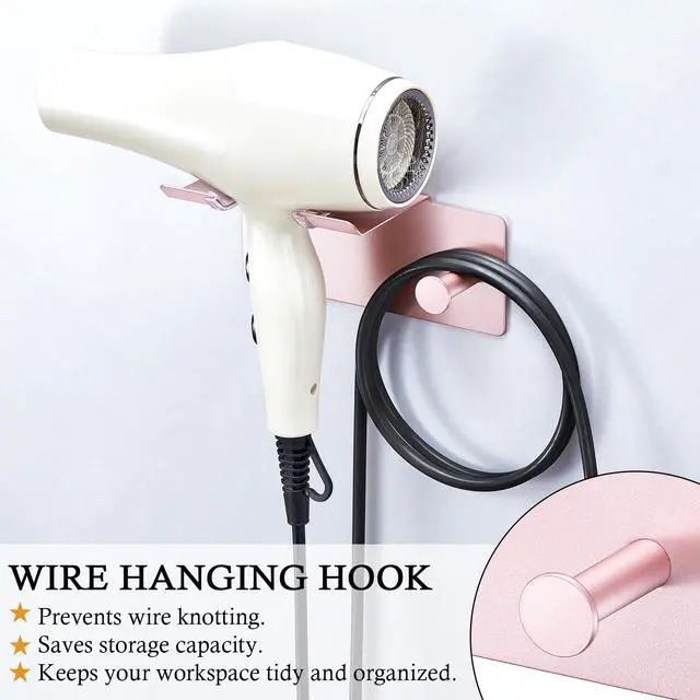 Alt view image 5 of 7 - Hair Dryer Holder Wall Mount, Blow Dryer Holder for Wall, Adhesive Hairdryer Holders, Stainless Steel Blowdryer Holders Bathroom Hair Tool Organizer Hair Dryer Hanger Hook with Cord Storage(Rose Gold)