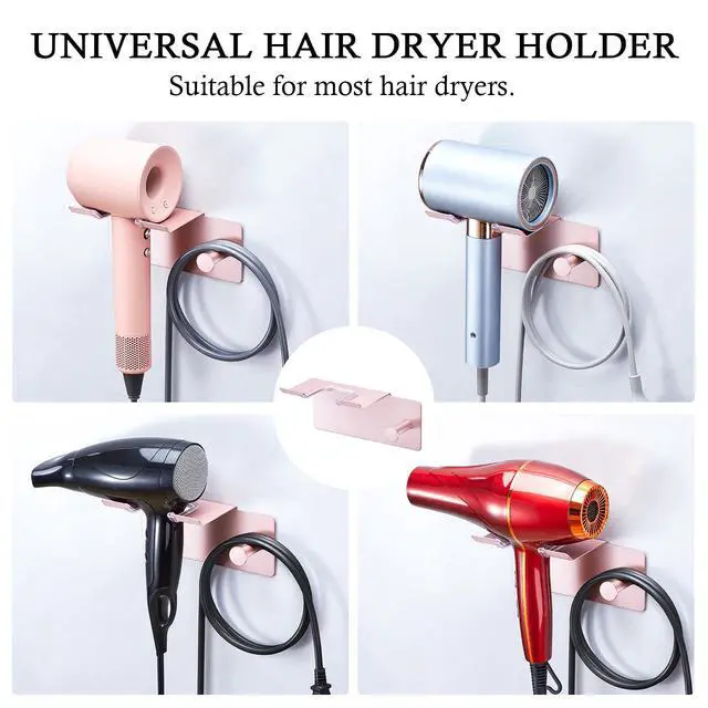 Alt view image 6 of 7 - Hair Dryer Holder Wall Mount, Blow Dryer Holder for Wall, Adhesive Hairdryer Holders, Stainless Steel Blowdryer Holders Bathroom Hair Tool Organizer Hair Dryer Hanger Hook with Cord Storage(Rose Gold)