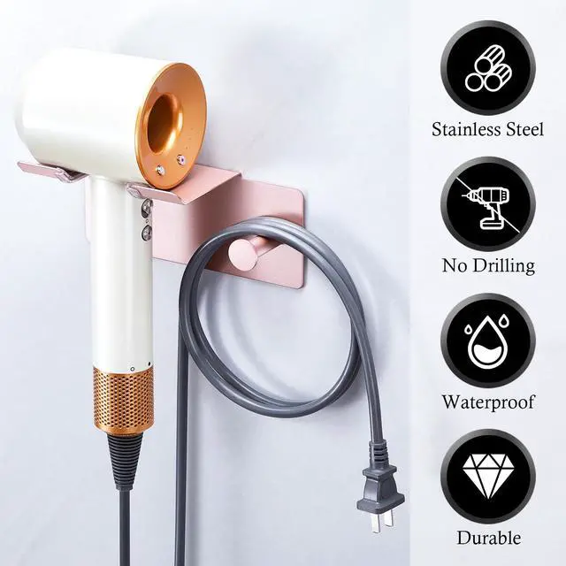 Alt view image 7 of 7 - Hair Dryer Holder Wall Mount, Blow Dryer Holder for Wall, Adhesive Hairdryer Holders, Stainless Steel Blowdryer Holders Bathroom Hair Tool Organizer Hair Dryer Hanger Hook with Cord Storage(Rose Gold)