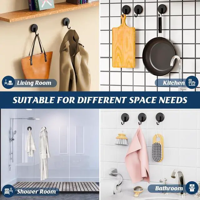 Alt view image 3 of 7 - Suction Cup Hooks for Shower,Shower Hooks Mounting on Glass Doors, Tile, Mirrors, Metals,Hook for Hanging Towels, Robe, Loofah, Jackets-Black(2 Pack)