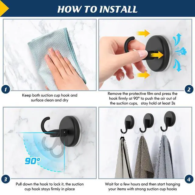 Alt view image 6 of 7 - Suction Cup Hooks for Shower,Shower Hooks Mounting on Glass Doors, Tile, Mirrors, Metals,Hook for Hanging Towels, Robe, Loofah, Jackets-Black(2 Pack)
