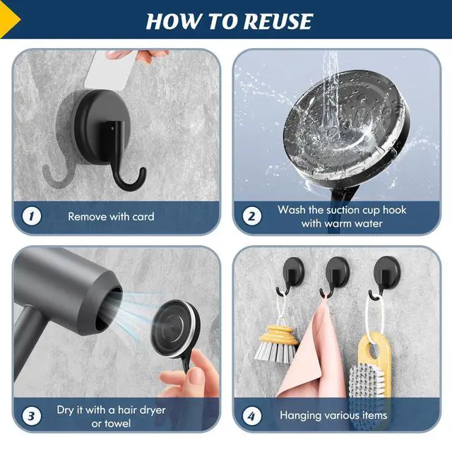 Alt view image 7 of 7 - Suction Cup Hooks for Shower,Shower Hooks Mounting on Glass Doors, Tile, Mirrors, Metals,Hook for Hanging Towels, Robe, Loofah, Jackets-Black(2 Pack)