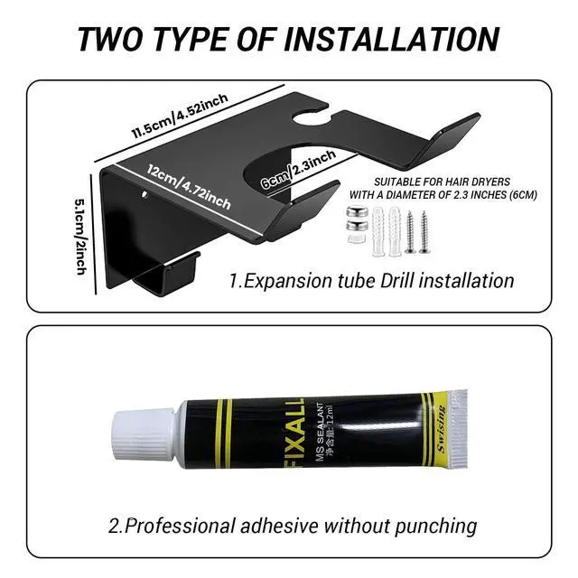 Alt view image 2 of 6 - Hair Dryer Holder Wall Mount, Stainless Steel Blow Dryer Holder for Bathroom, Rustproof Hair Dryer Organizer Fits 2.3" Diameter, Easy Wall Installation (Black)