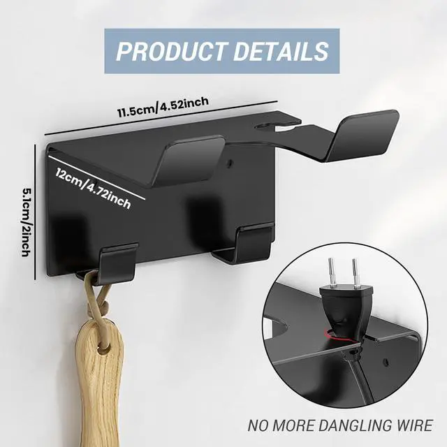 Alt view image 4 of 6 - Hair Dryer Holder Wall Mount, Stainless Steel Blow Dryer Holder for Bathroom, Rustproof Hair Dryer Organizer Fits 2.3" Diameter, Easy Wall Installation (Black)