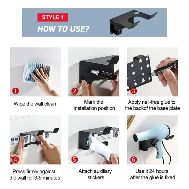 Alt view image 5 of 6 - Hair Dryer Holder Wall Mount, Stainless Steel Blow Dryer Holder for Bathroom, Rustproof Hair Dryer Organizer Fits 2.3" Diameter, Easy Wall Installation (Black)