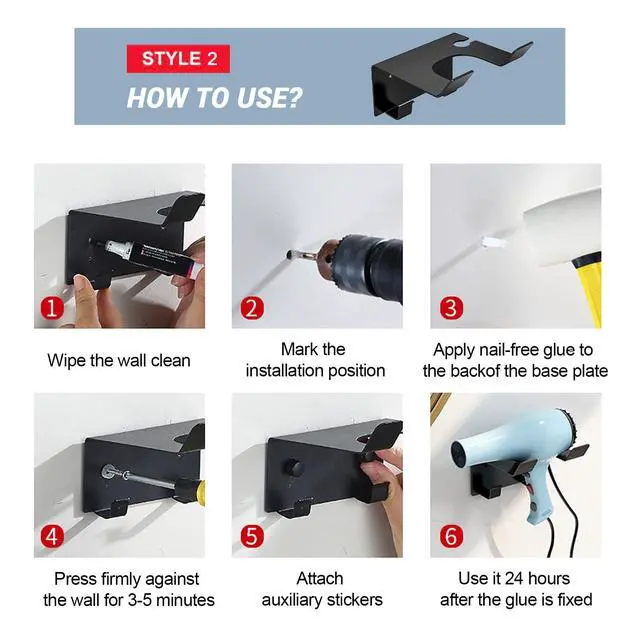 Alt view image 6 of 6 - Hair Dryer Holder Wall Mount, Stainless Steel Blow Dryer Holder for Bathroom, Rustproof Hair Dryer Organizer Fits 2.3" Diameter, Easy Wall Installation (Black)