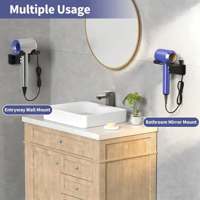 Alt view image 7 of 7 - Hair Dryer Holder Wall Mounted Self Adhesive No Drill with Cord Organizer, Stainless Steel Storage for Bathroom Vanity Cabinet