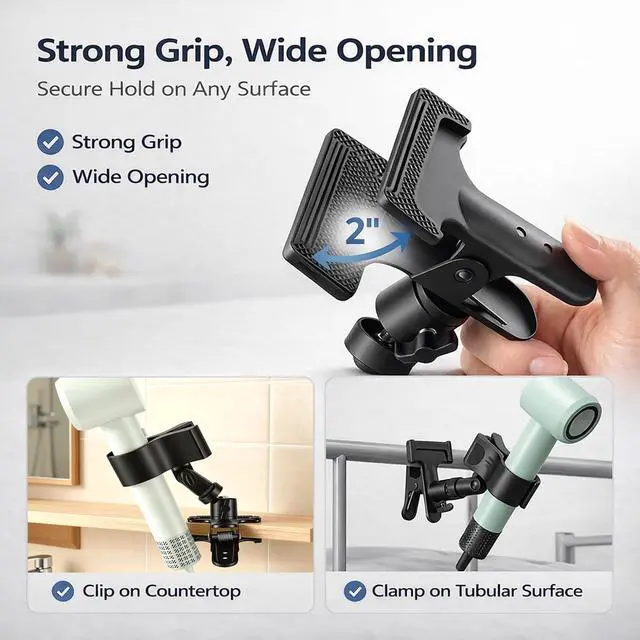 Alt view image 6 of 7 - 360 Degree Rotating Hands Free Hair Dryer Holder Sturdy Metal Base and Strong Clamp Adjustable and Flexible Blow Dryer Stand for Easy Styling Stable and Easy Installation