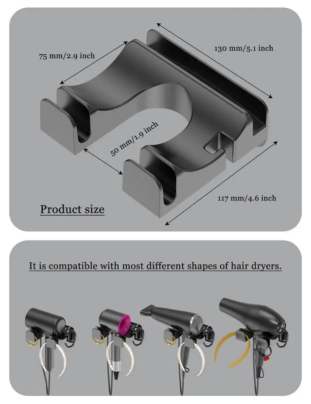 Alt view image 2 of 7 - Universal Hair Dryer Holder, Wall Mounted, (Black)